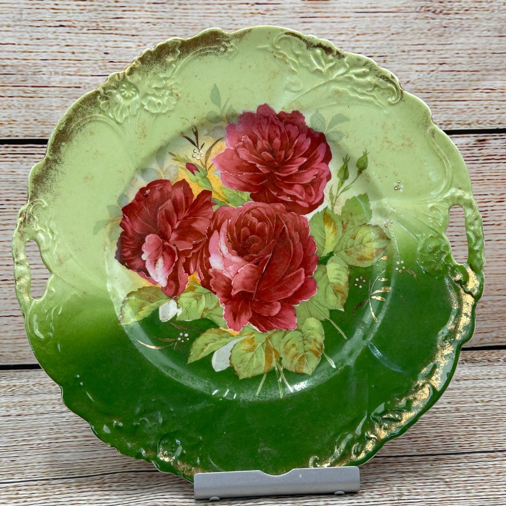 Antique Hand Painted Red Rose Porcelain Cabinet Plate Green Gold Gilt 10.5" 49